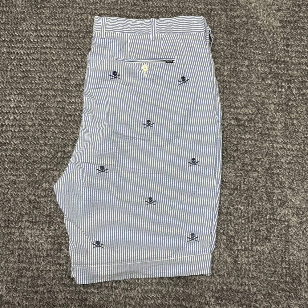 Polo Ralph Lauren Mens Seersucker Shorts Size 40 Skull Crossbones Embroidered